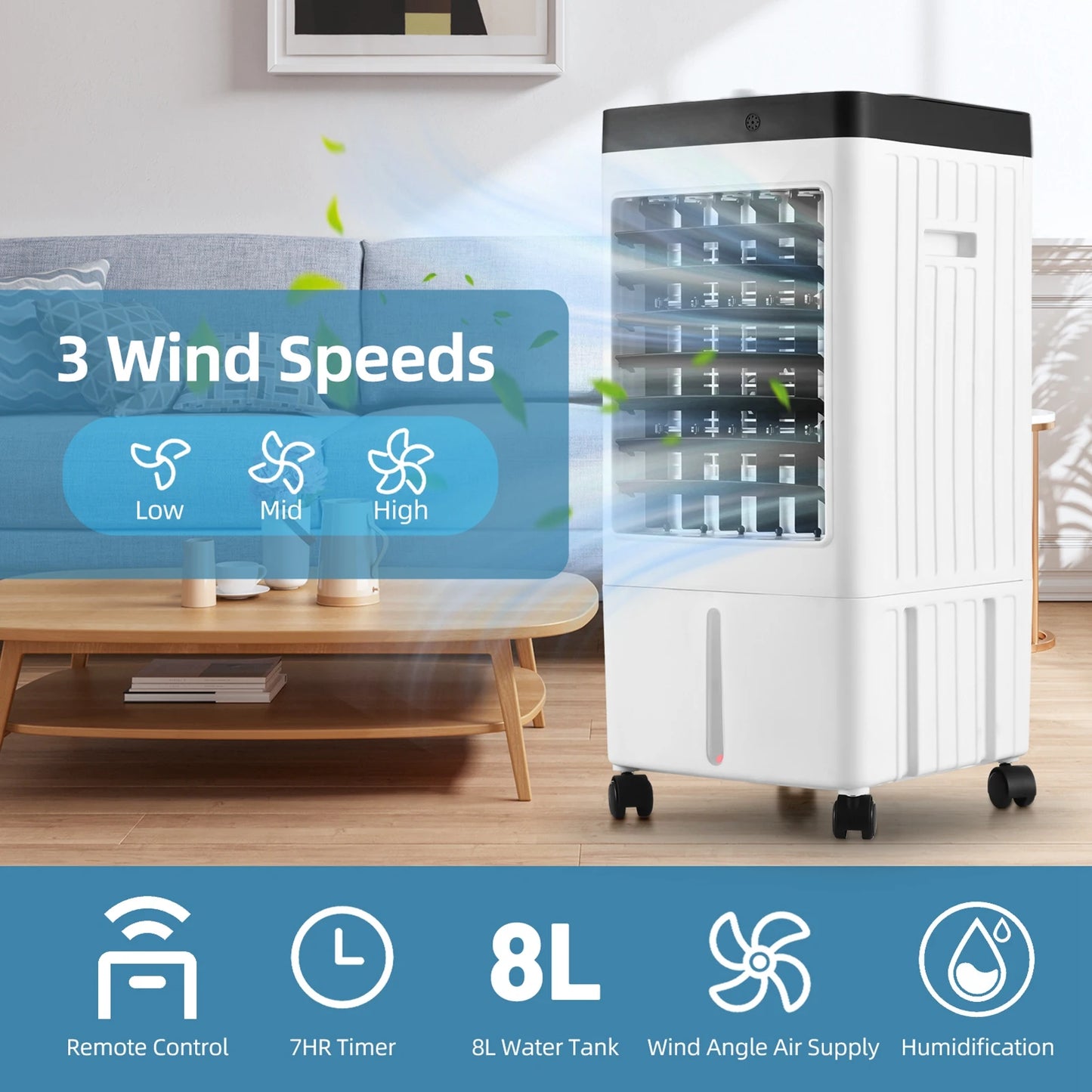 Evaporative Air Cooler 100° Oscillation Swamp Cooler with Remote Control / 2 Ice Boxes / 2.11 Gal Water Tank 1-7H Timer 3 Wind